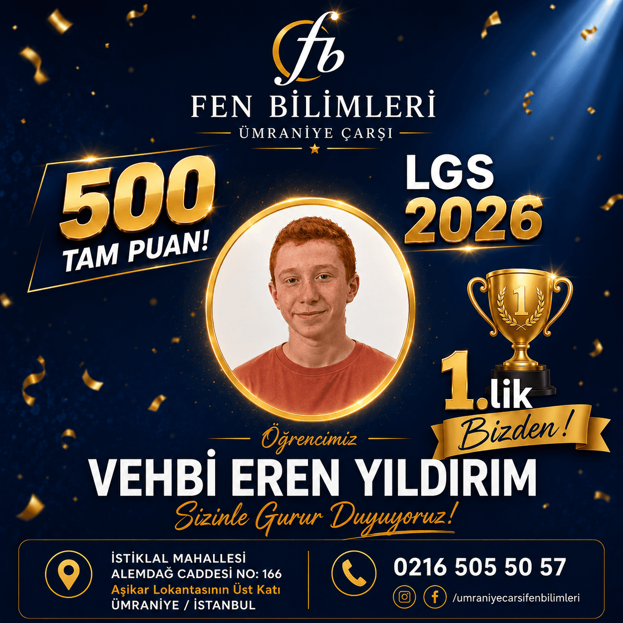 2026 LGS Türkiye birincisi Vehbi Eren Yıldırım – 500 tam puan başarı görseli